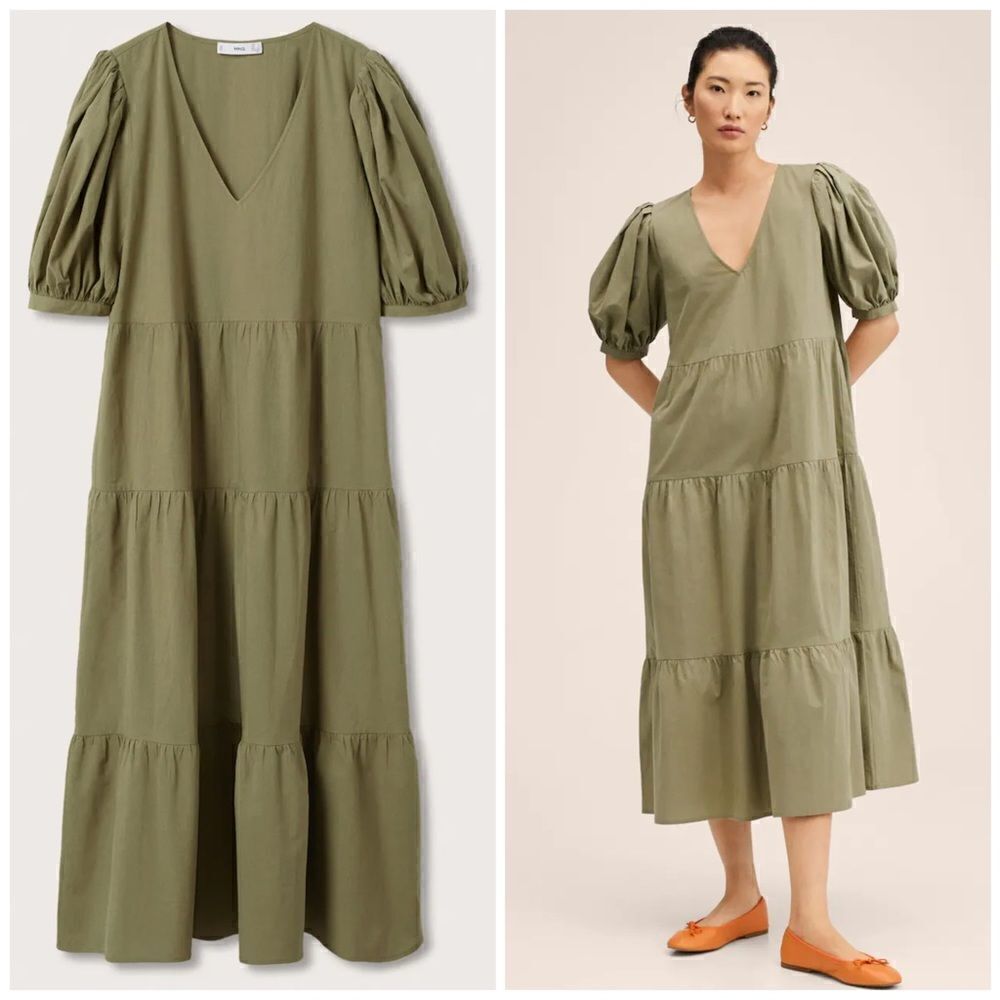 Mango Midi Puffed Sleeve Cotton Poplin Dress